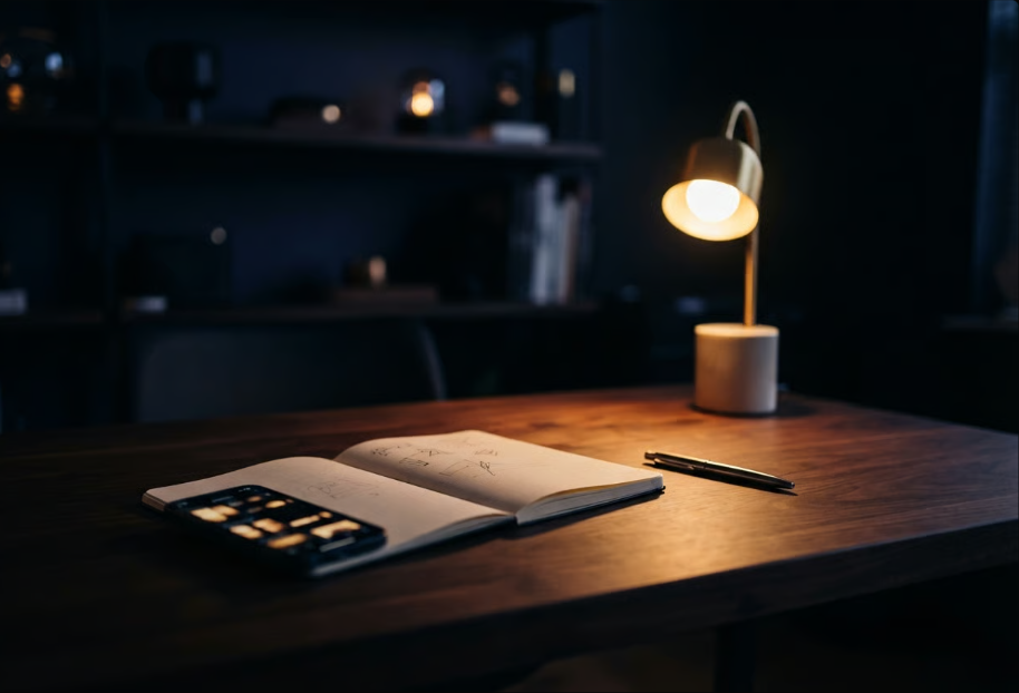 Open notebook, black device, and pen on a wooden desk beside a glowing lamp in a dark room.